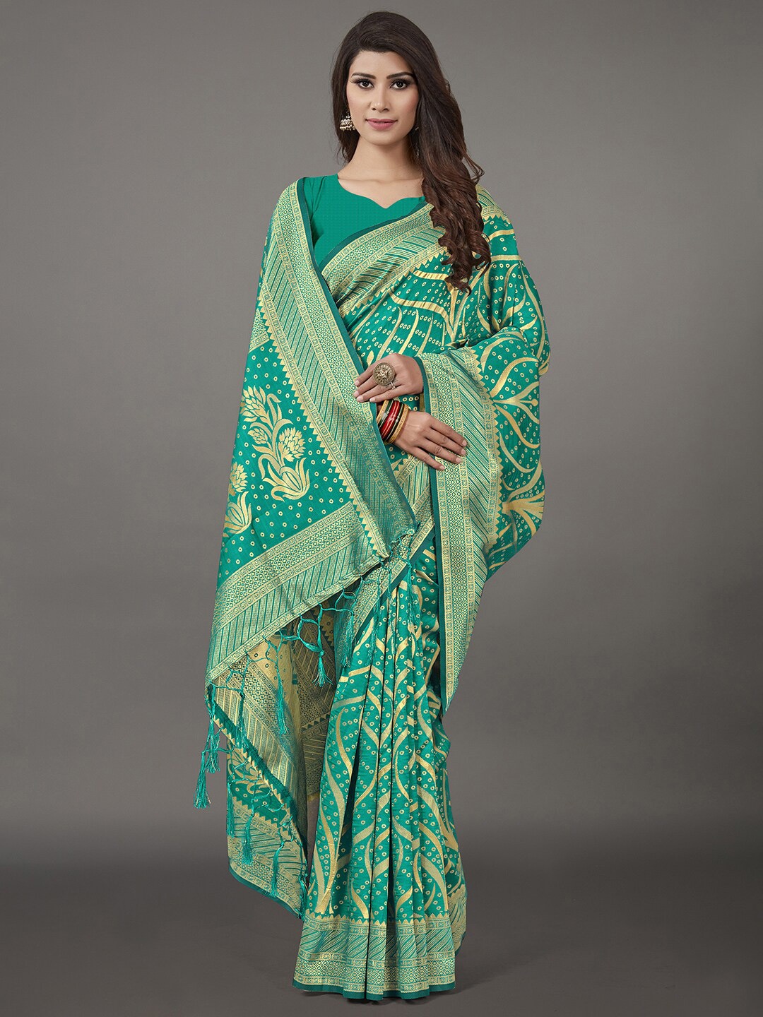 

KALINI Sea Green & Gold-Toned Woven Design Zari Silk Blend Banarasi Saree