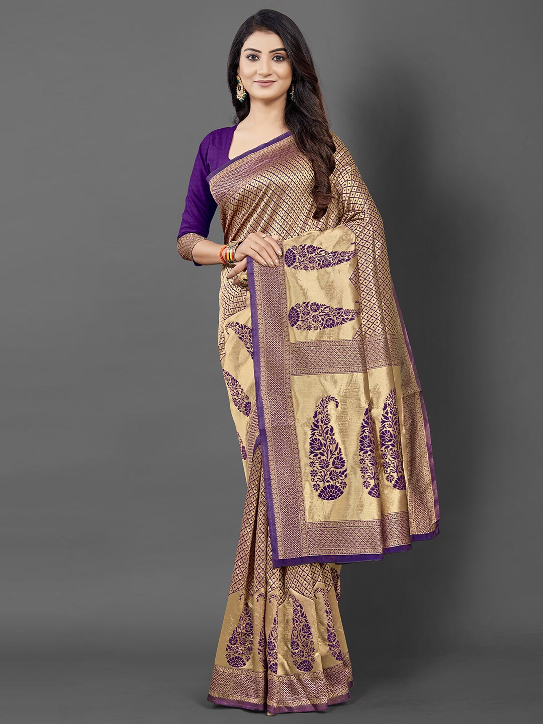 

KALINI Purple & Gold-Toned Woven Design Zari Silk Blend Banarasi Saree