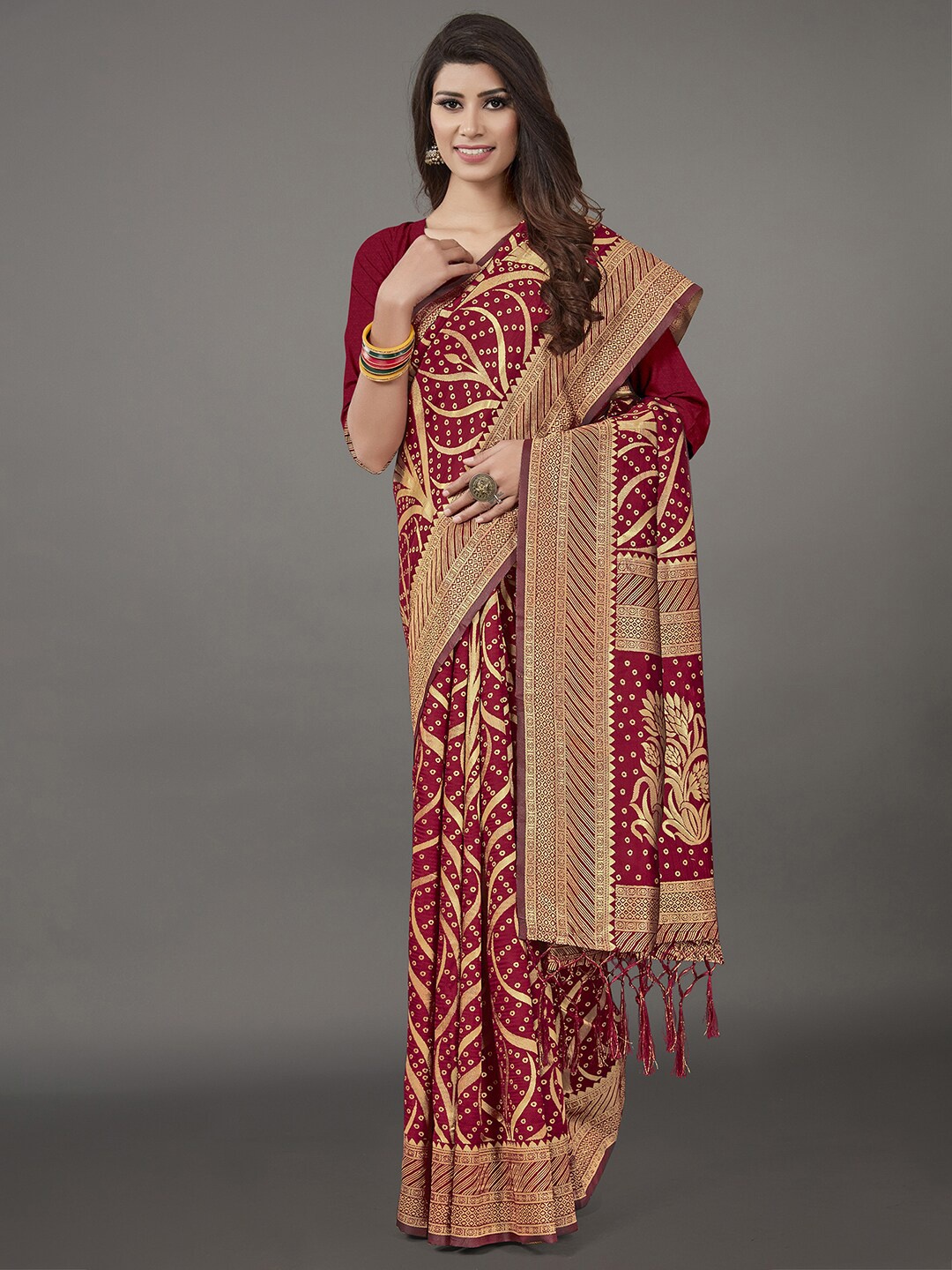 

KALINI Maroon & Gold-Toned Woven Design Zari Silk Blend Banarasi Saree