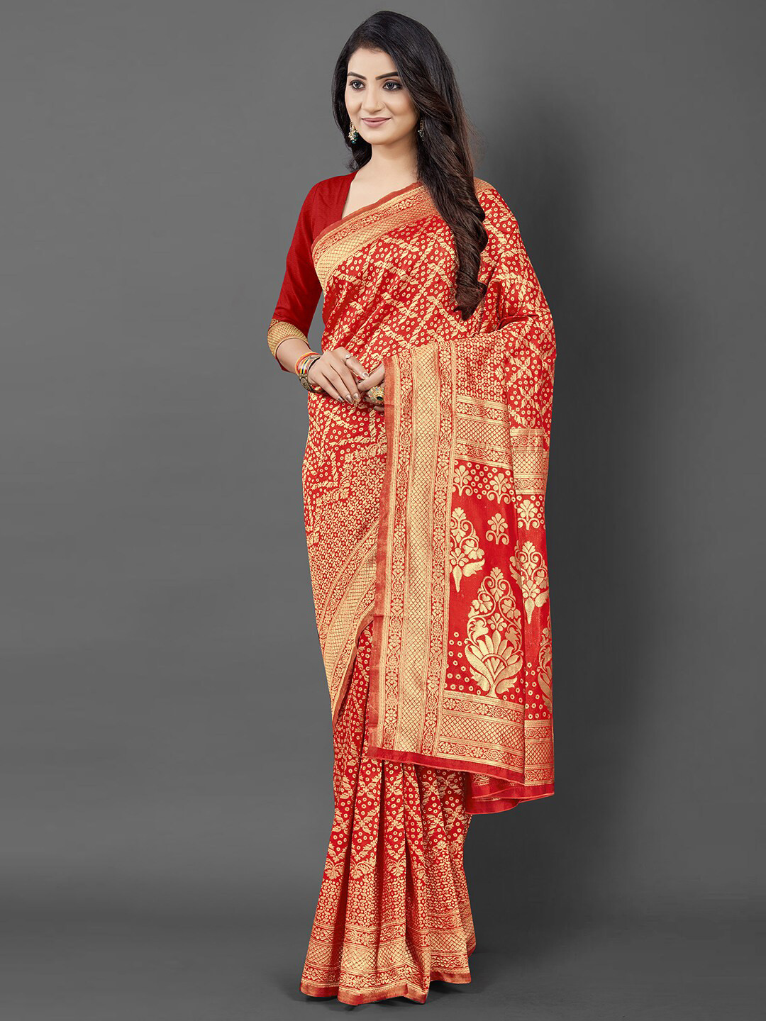 

KALINI Red & Gold-Toned Woven Design Zari Silk Blend Banarasi Saree with Matching Blouse