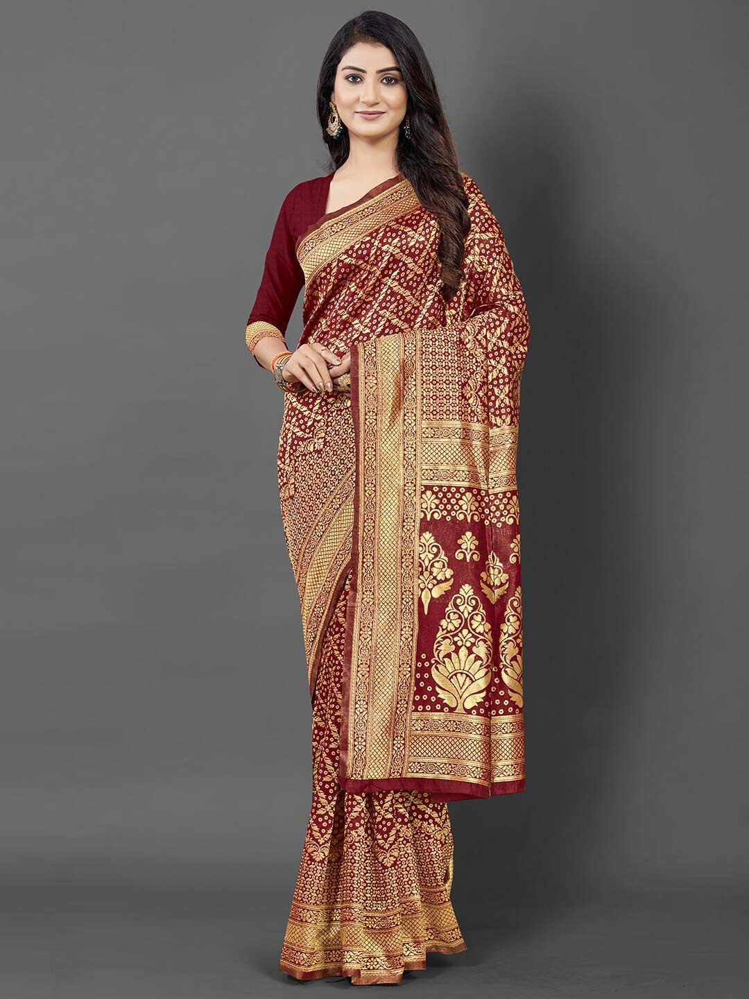 

KALINI Maroon & Gold-Toned Woven Design Silk Blend Banarasi Saree with Matching Blouse