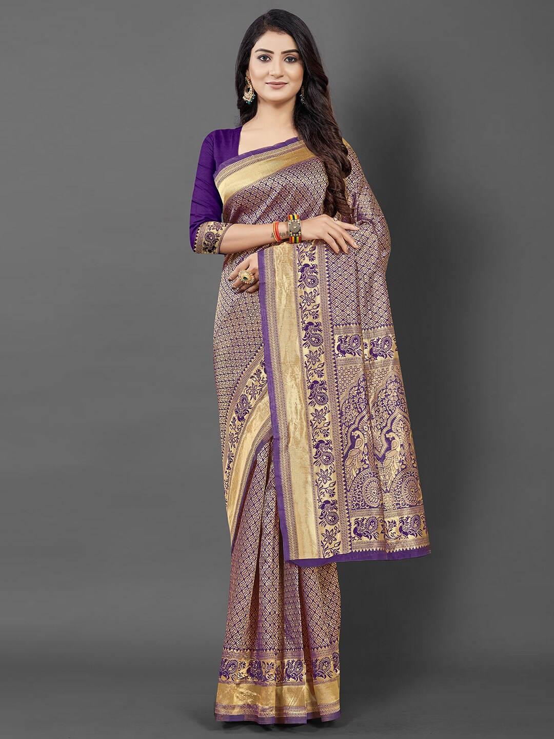 

KALINI Purple & Gold-Toned Ethnic Motifs Zari Silk Blend Saree