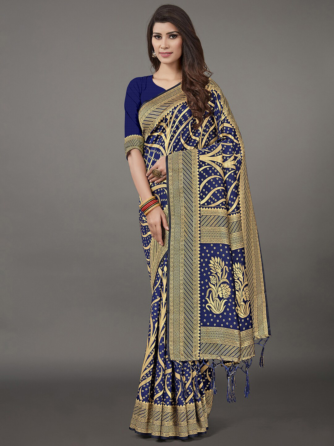 

KALINI Navy Blue & Gold-Toned Woven Design Zari Silk Blend Saree