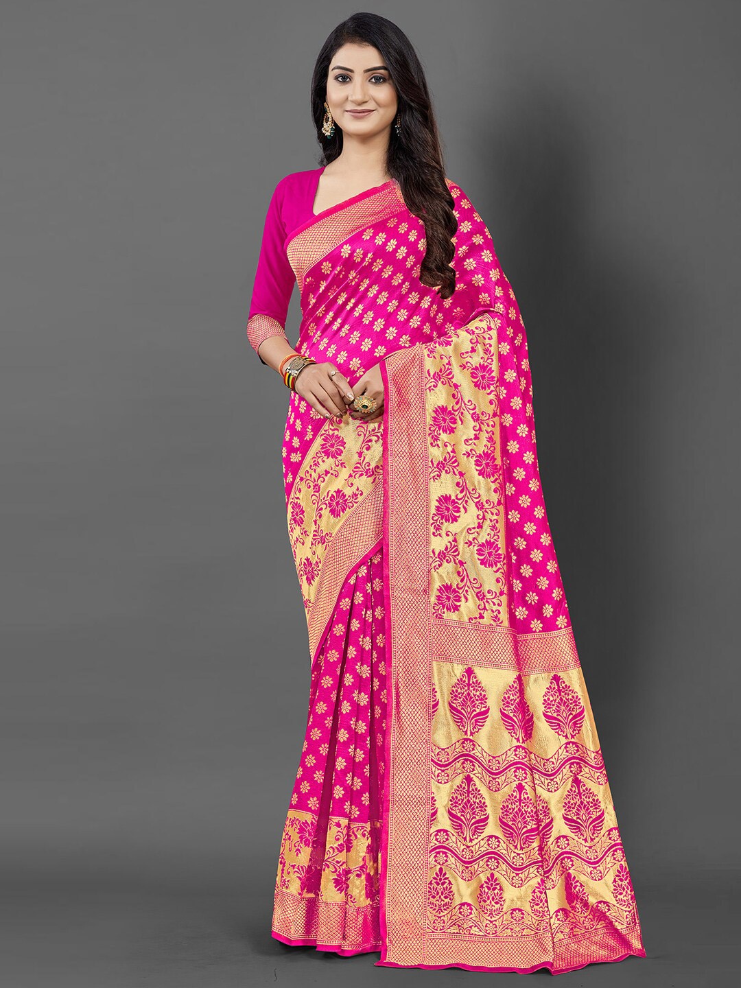 

KALINI Pink & Gold-Toned Ethnic Motifs Zari Silk Blend Saree