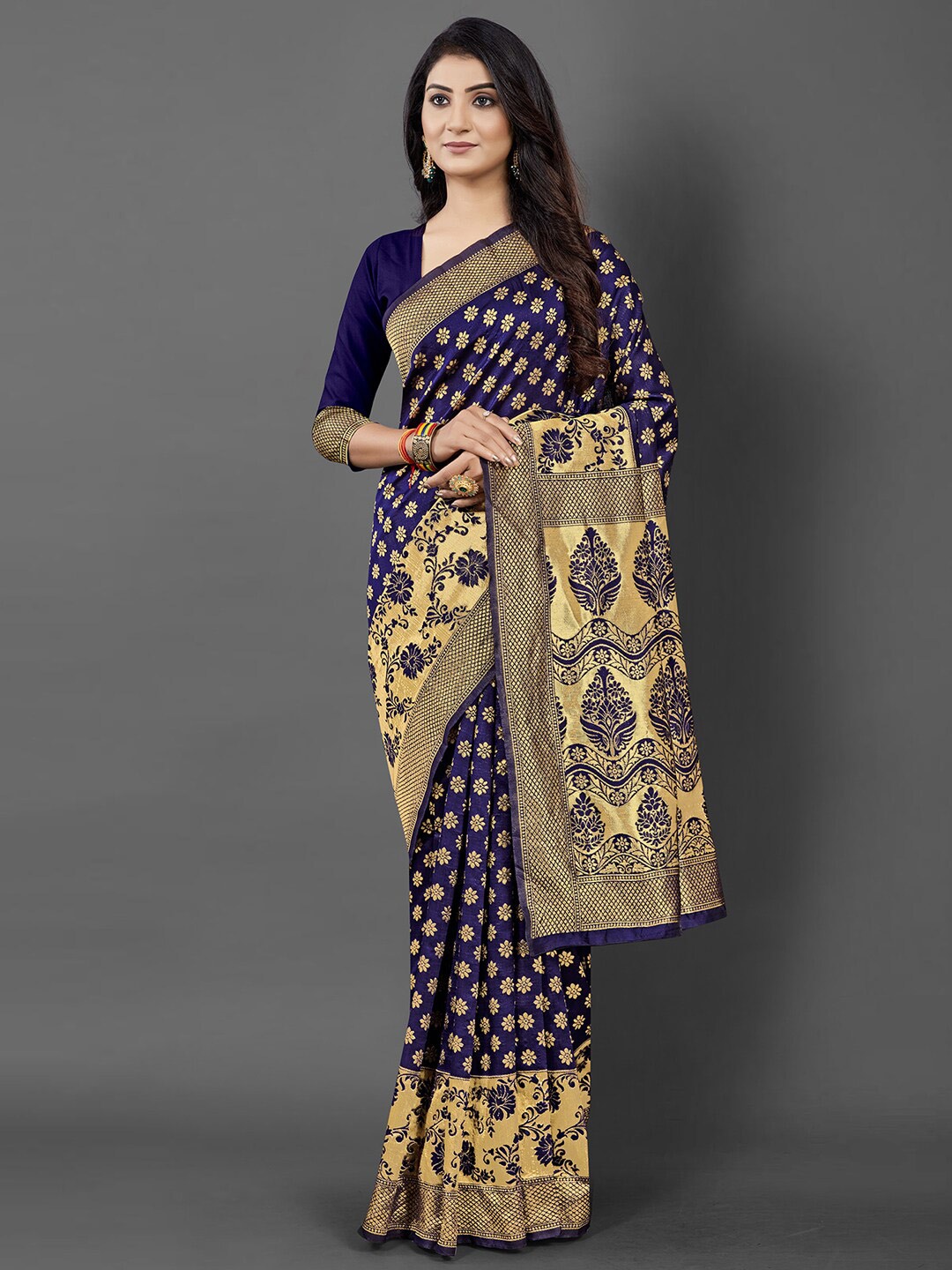 

KALINI Navy Blue & Gold-Toned Ethnic Motifs Zari Silk Blend Saree