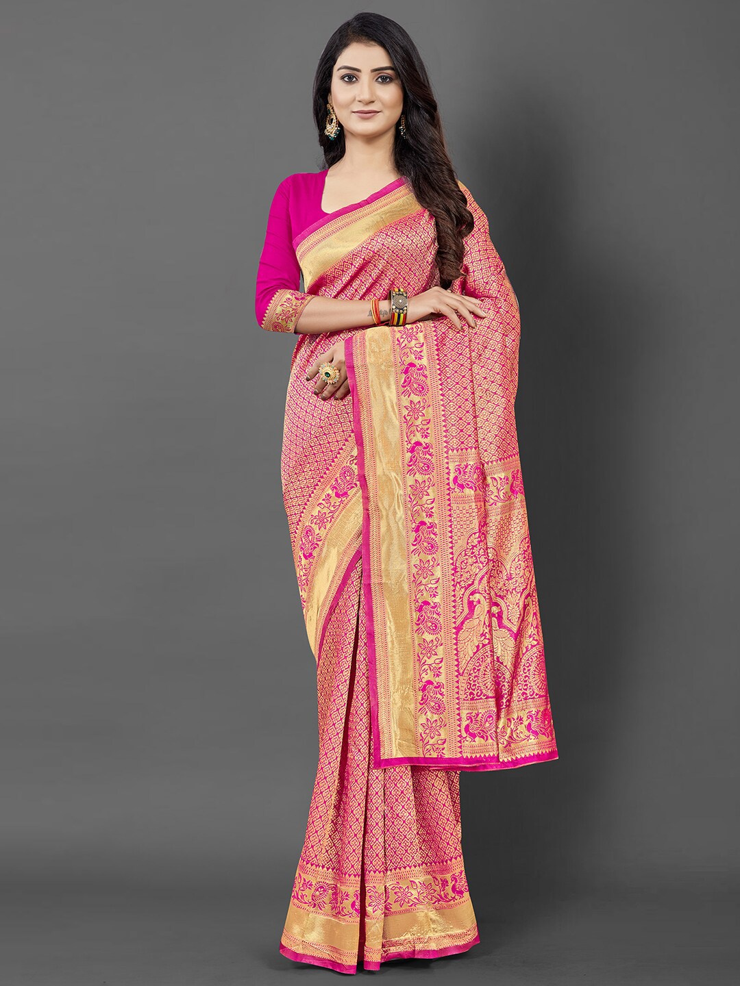 

KALINI Pink & Gold-Toned Woven Design Zari Silk Blend Banarasi Saree