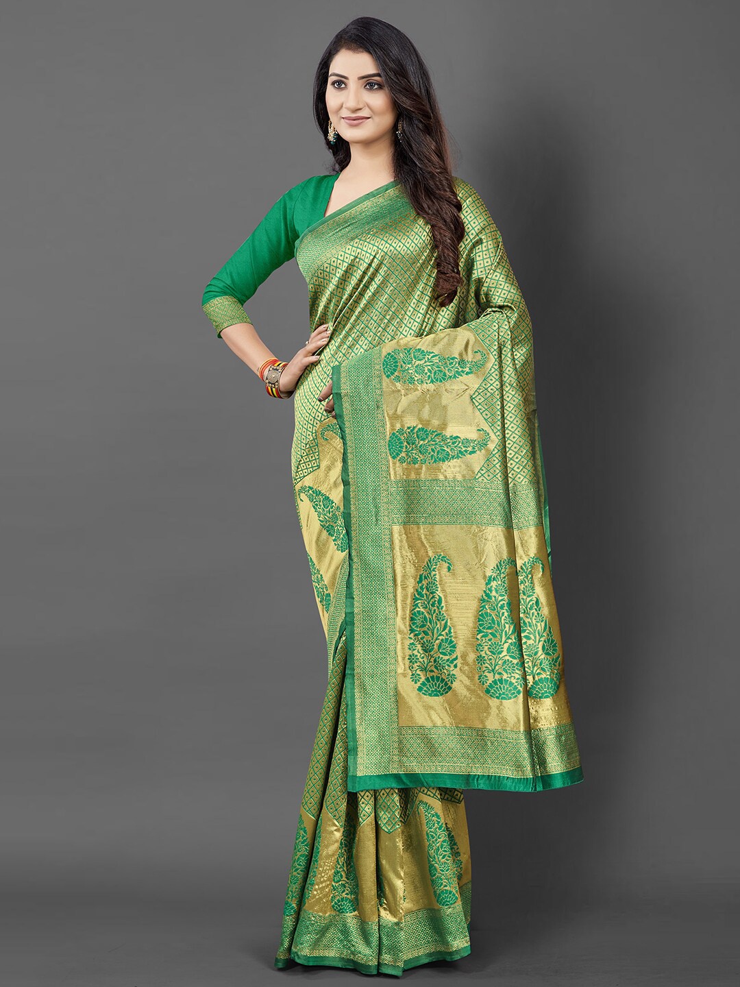

KALINI Green & Grey Woven Design Zari Silk Blend Banarasi Saree