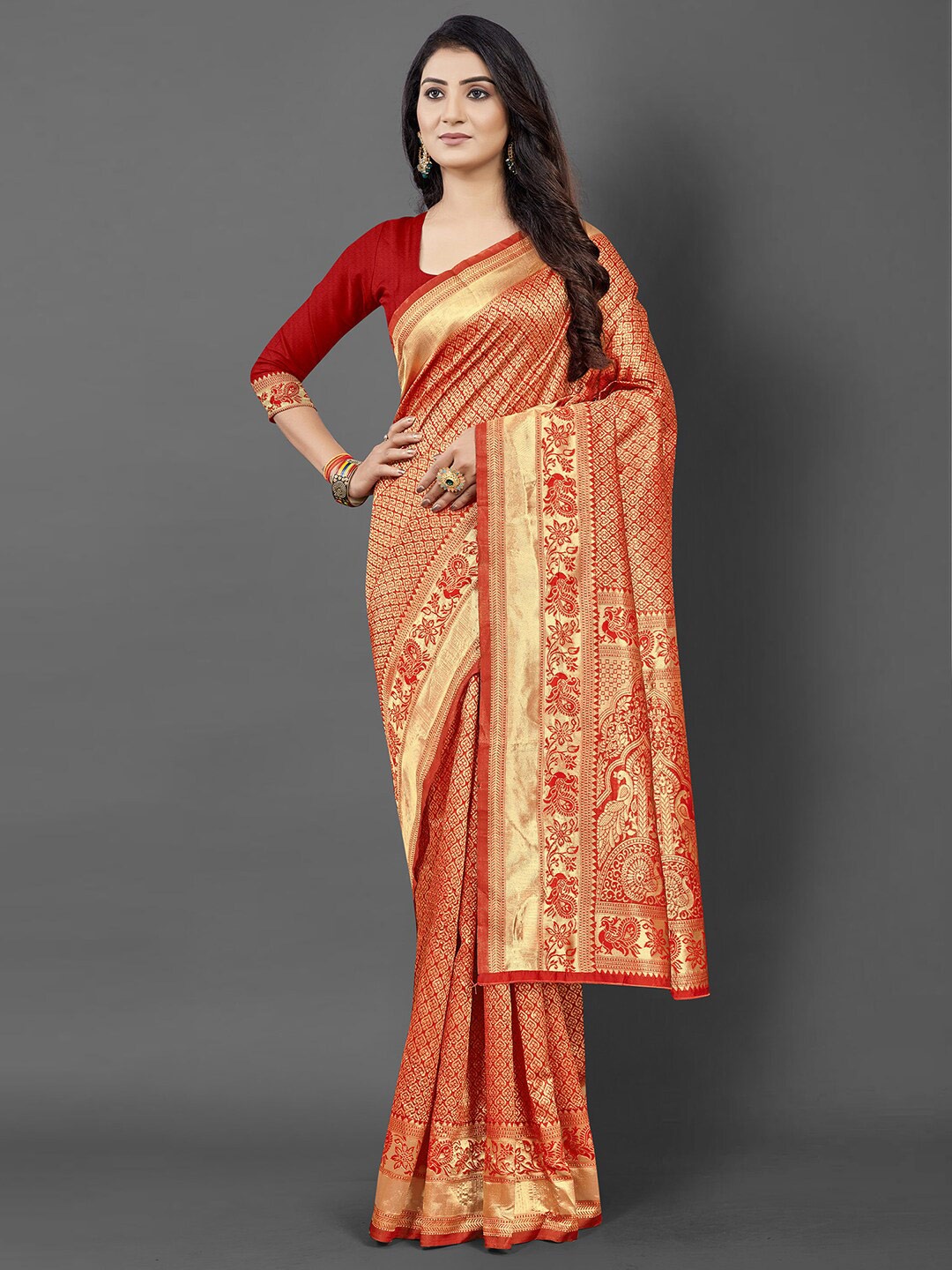 

KALINI Red & Gold-Toned Woven Design Zari Silk Blend Banarasi Saree