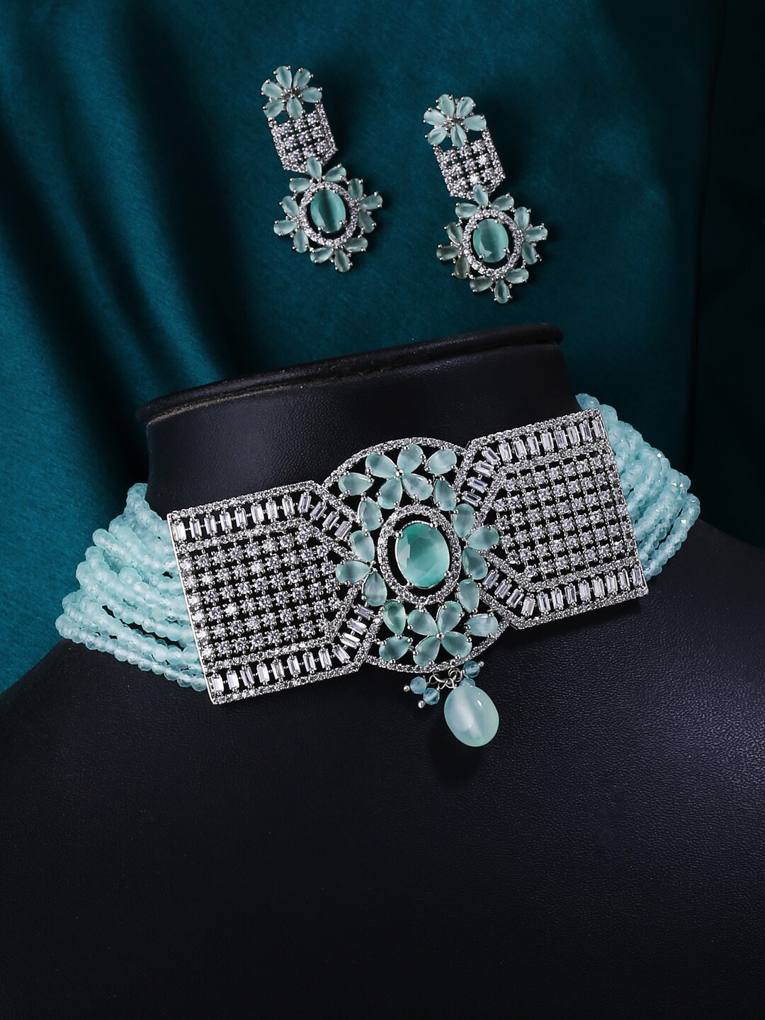 

VIRAASI Silver-Plated Turquoise Blue & White CZ-Studded Jewellery Set