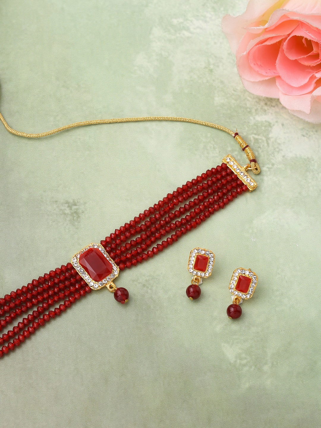 

VIRAASI Gold-Plated Maroon Stone-Studded & Pearl Beaded Choker Jewellery Set