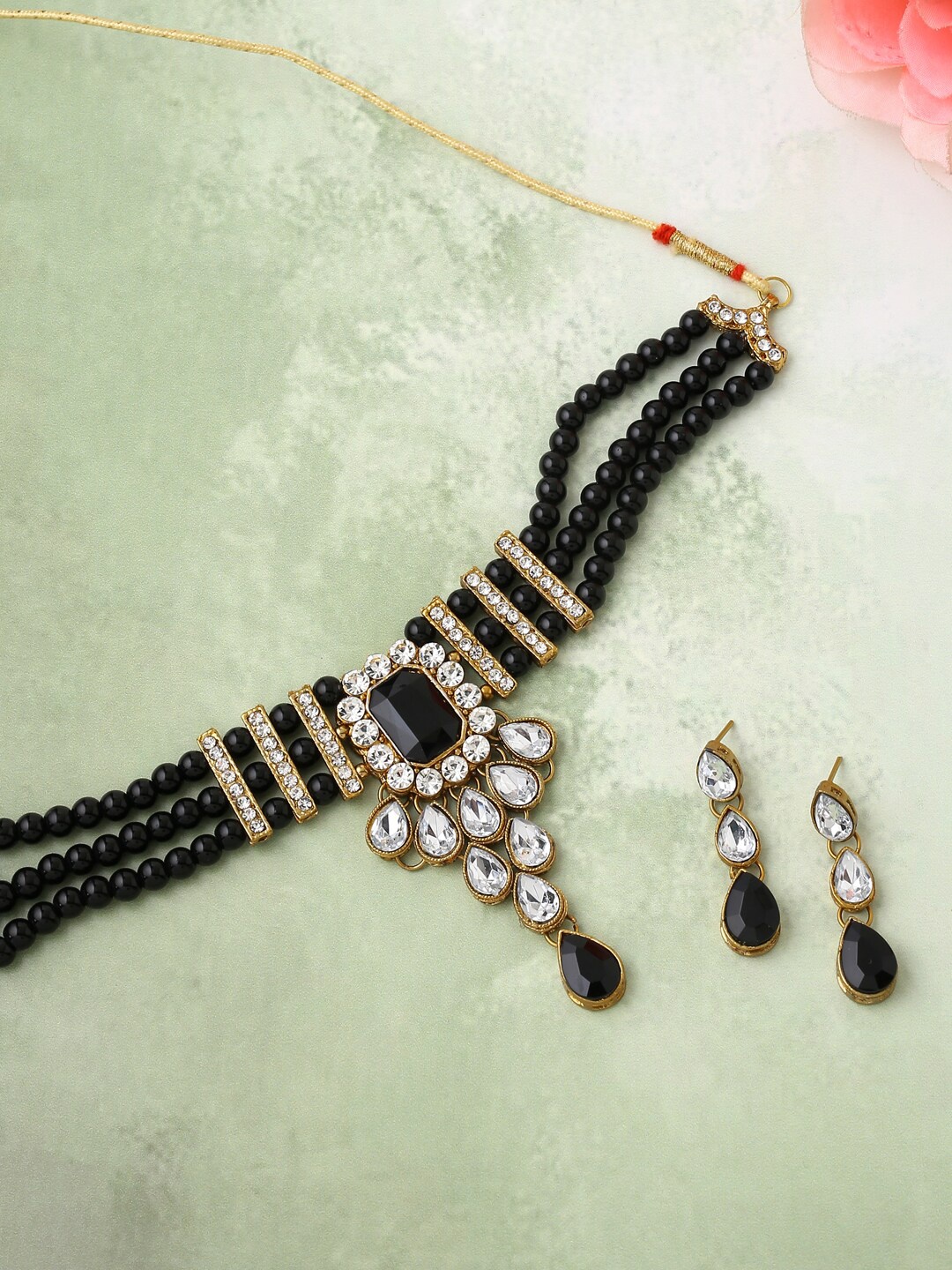 

VIRAASI Gold-Plated Black & White Stone Studded & Beaded Choker Jewellery Set