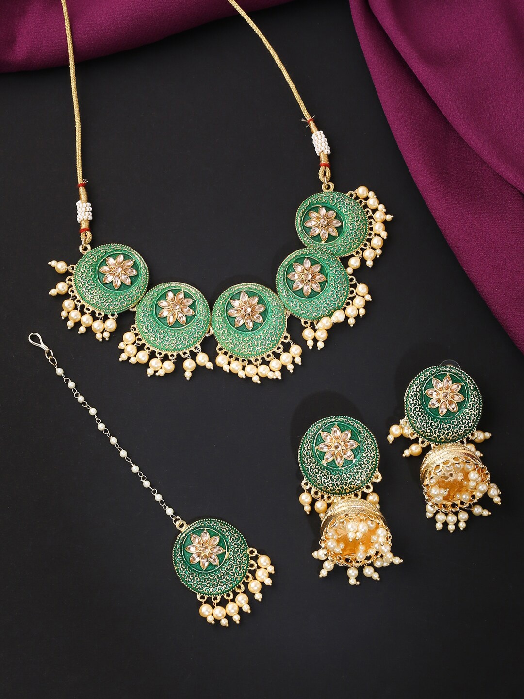 

VIRAASI Gold-Plated Green & Off-White Stone Studded & Beaded Jewellery Set