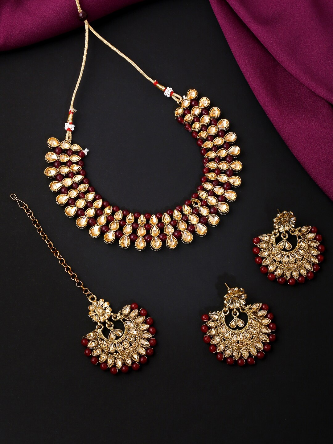 

VIRAASI Gold-Plated Maroon Red Kundan-Studded & Beaded Jewellery Set