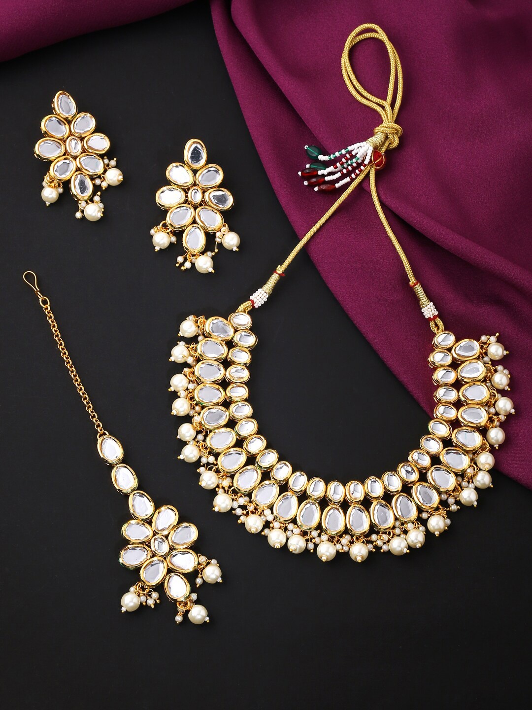 

VIRAASI Gold-Plated White Kundan-Studded Jewellery Set