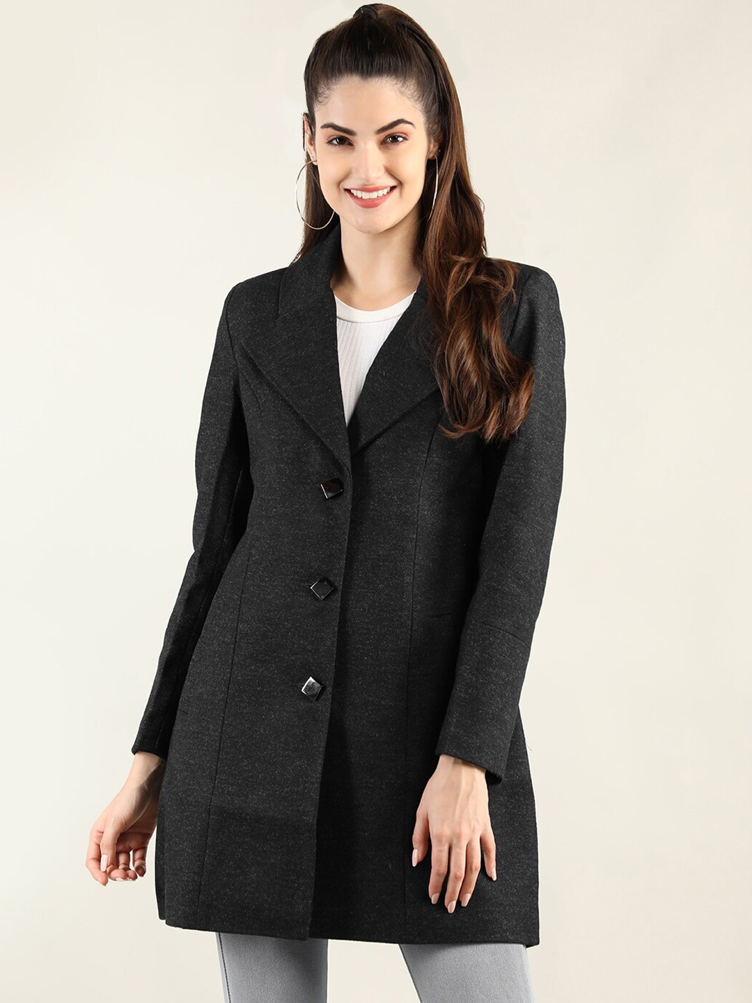 

LEBORK Women Black Solid Front-Open Winter Wear Coat