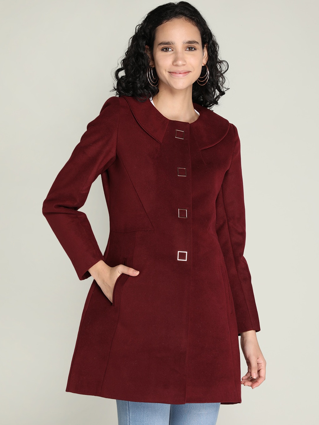 

LEBORK Women Maroon Solid Wool Trench Coats