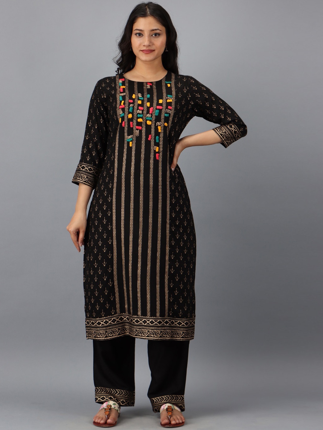 

KALINI Women Black Ethnic Motifs Printed Thread Work Kurti with Palazzos