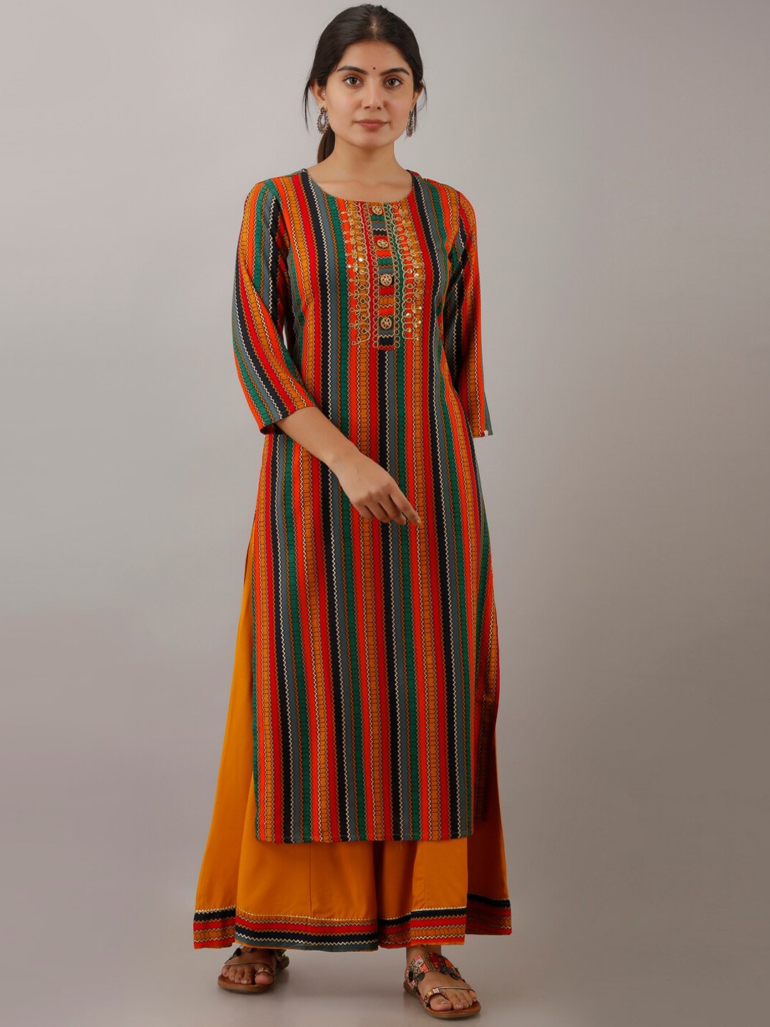 

KALINI Women Striped Thread Work Kurta with Palazzos, Orange