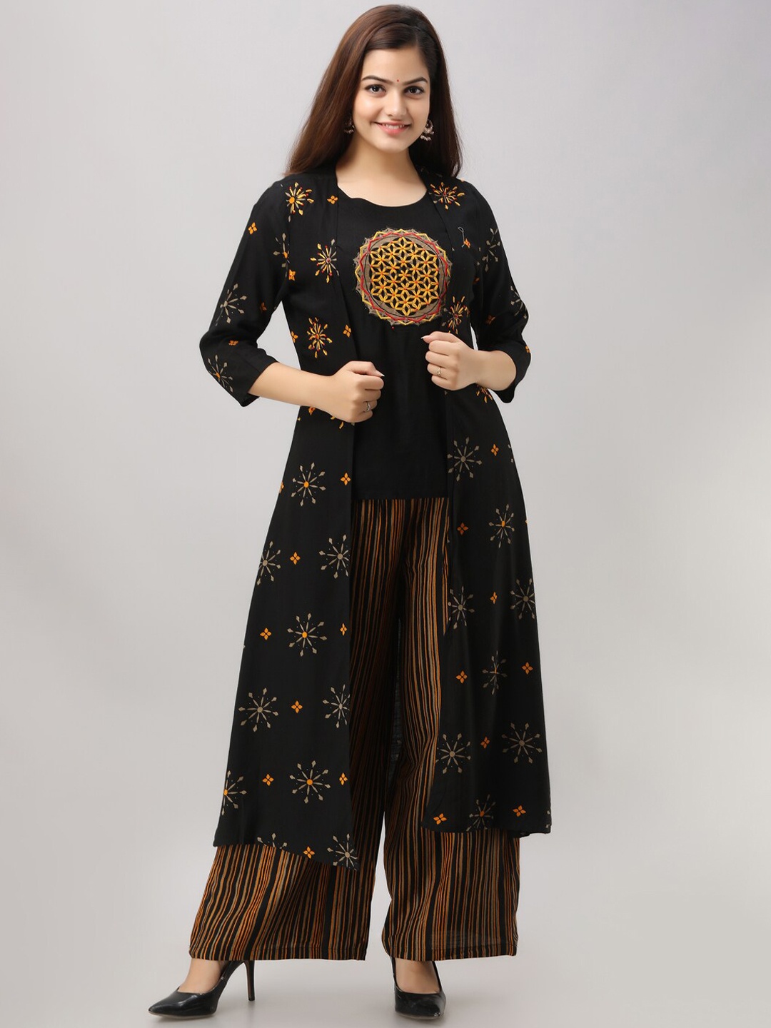 

KALINI Women Embroidered Thread Work Straight Top with Palazzos & Waistcoat, Black