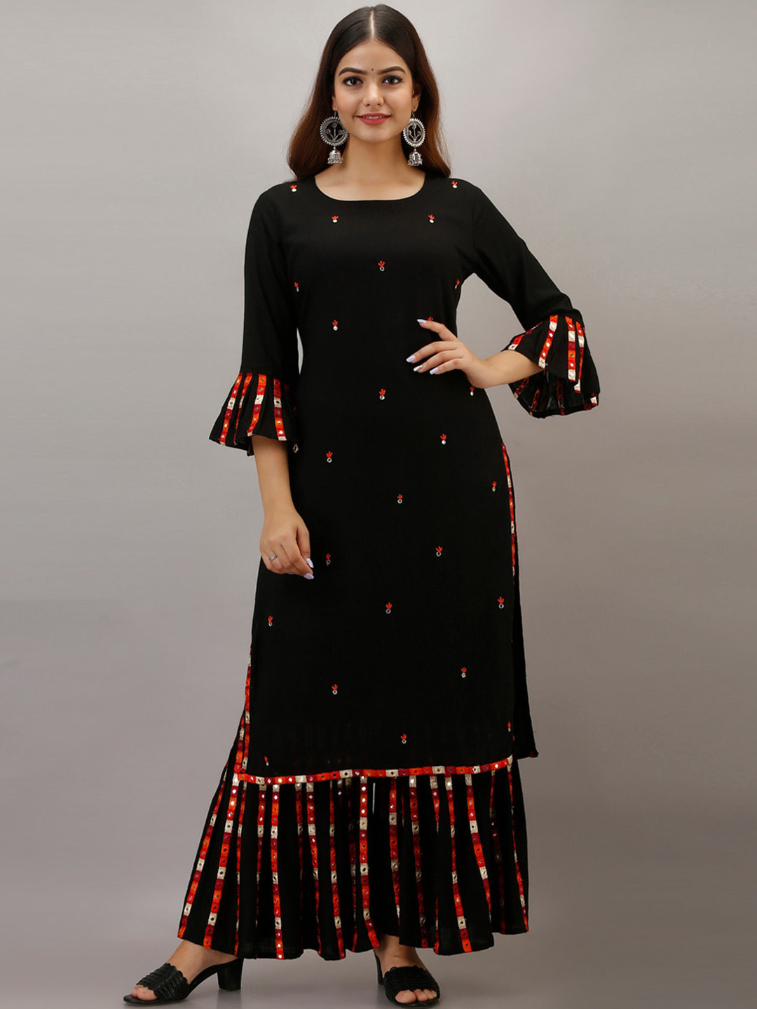 

KALINI Women Black Ethnic Motifs Embroidered Mirror Work Kurti with Sharara
