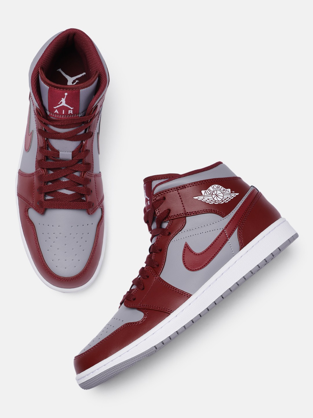 

Nike Men Grey & Maroon AIR JORDAN 1 Mid-Top Leather Basketball Shoes