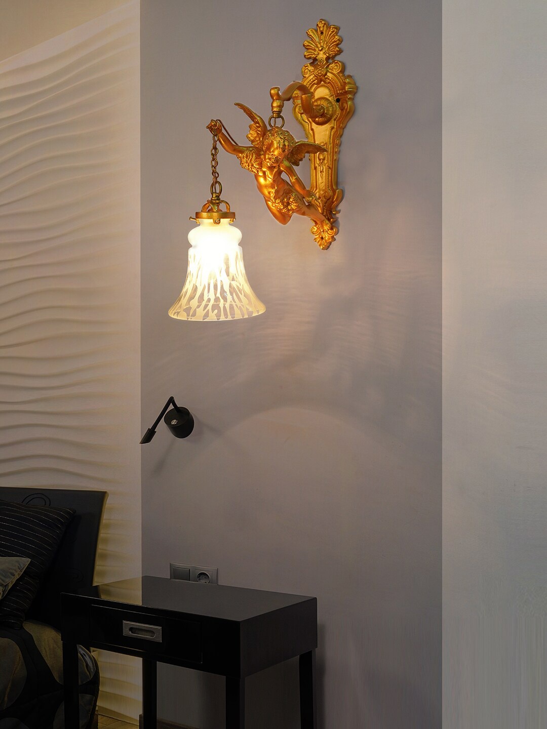 

Fos Lighting Gold-Toned & White Textured Gilded Cherub Classic Wall Lamp