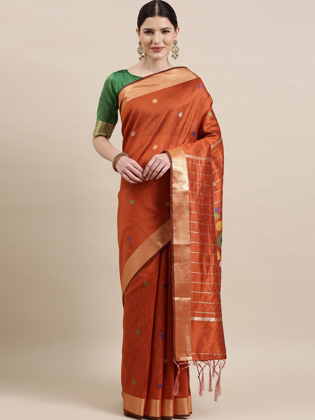 

ODETTE Orange & Gold-Toned Woven Design Zari Silk Cotton Banarasi Saree