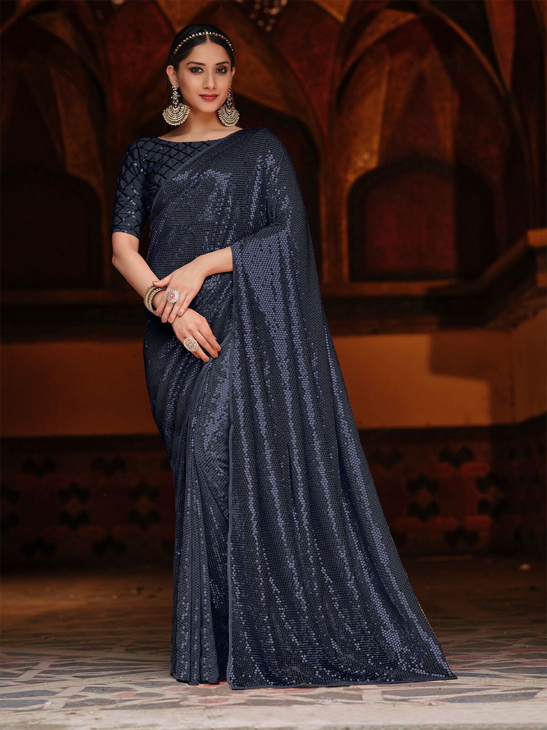 

ODETTE Blue Embellished Sequinned Saree