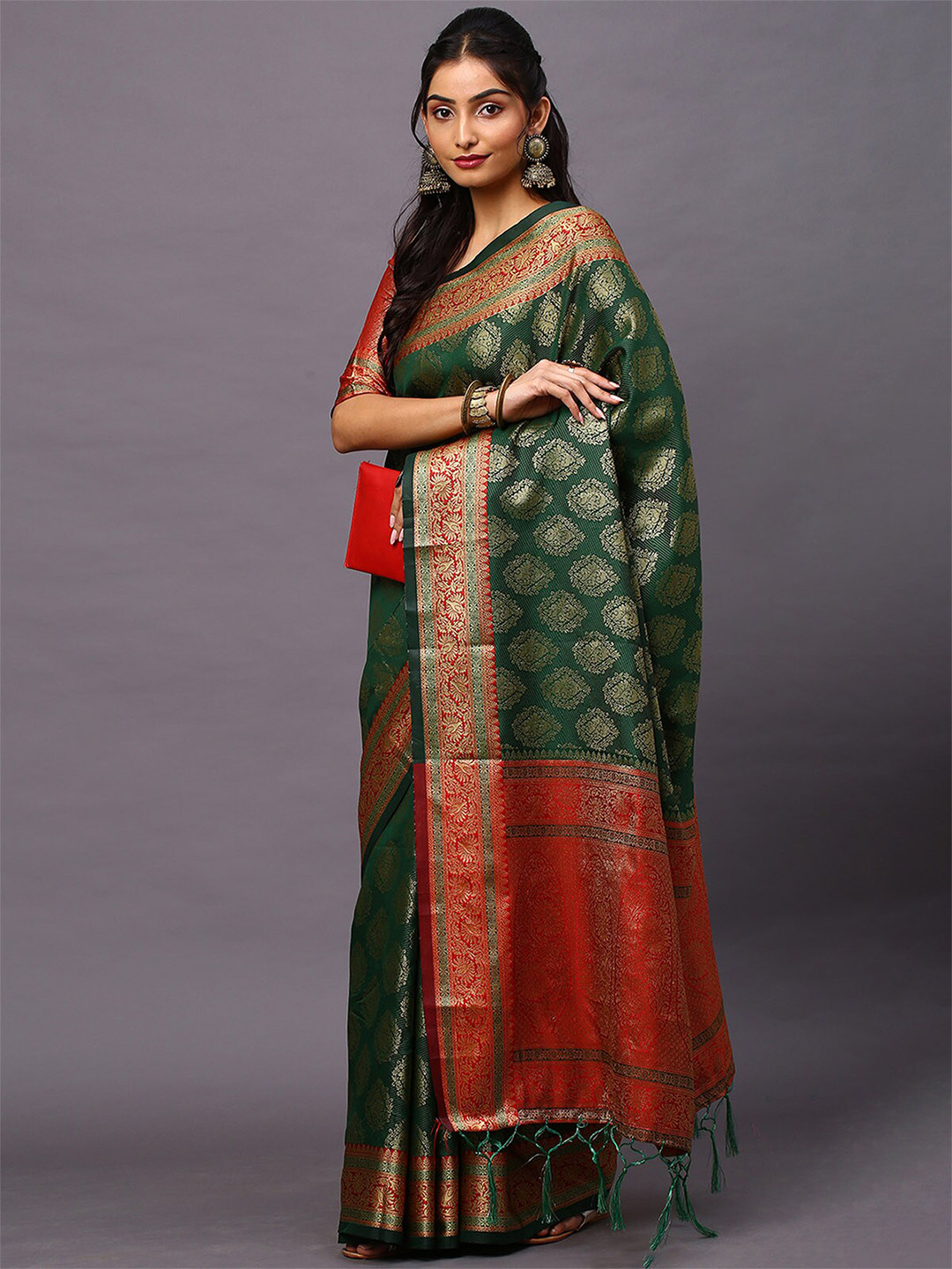 

ODETTE Green & Red Ethnic Motifs Zari Silk Blend Banarasi Saree