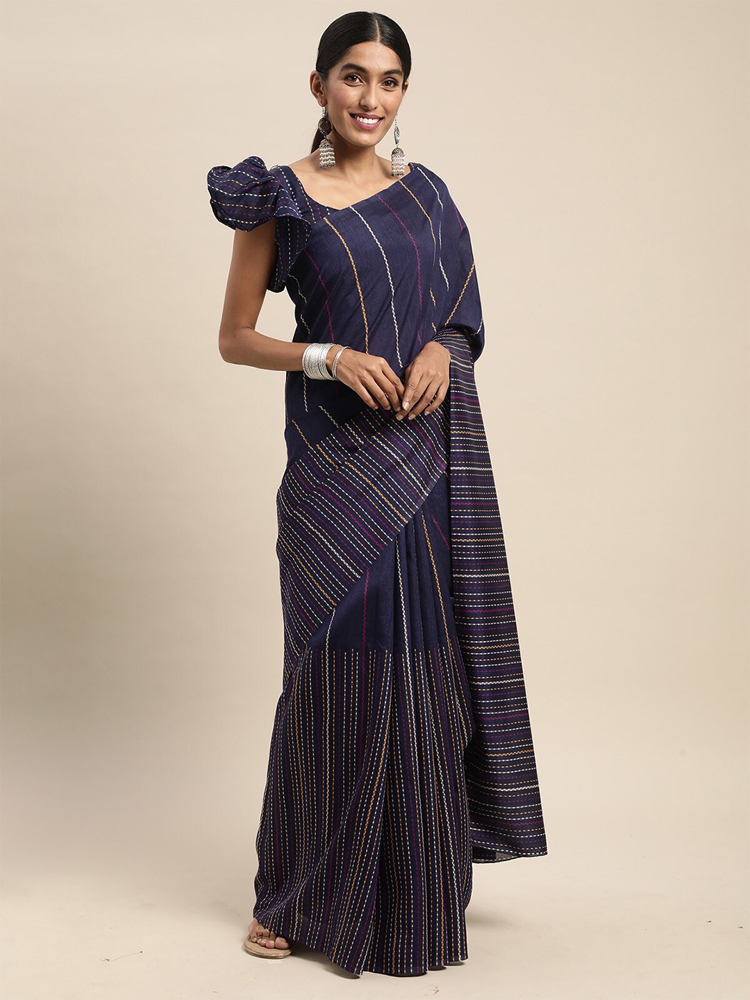 

ODETTE Purple & Pink Striped Silk Blend Saree
