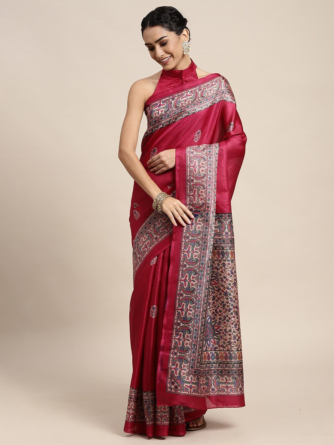 

ODETTE Pink & Blue Ethnic Motifs Silk Blend Saree