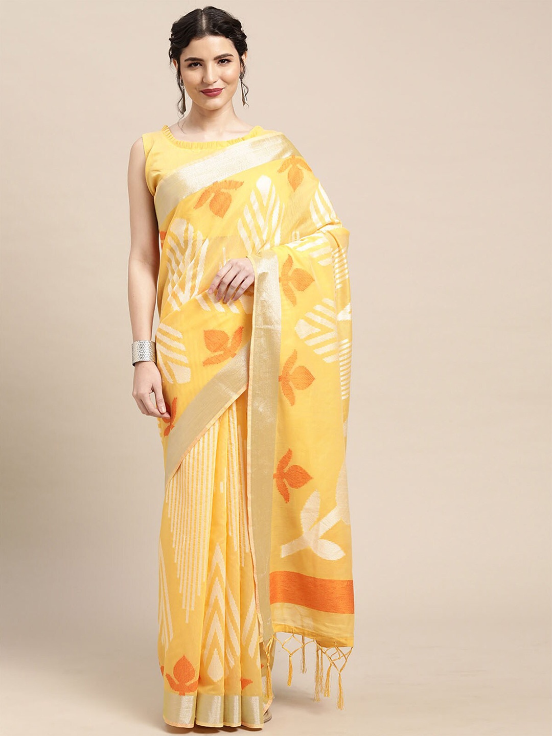 

ODETTE Yellow & Orange Floral Zari Saree