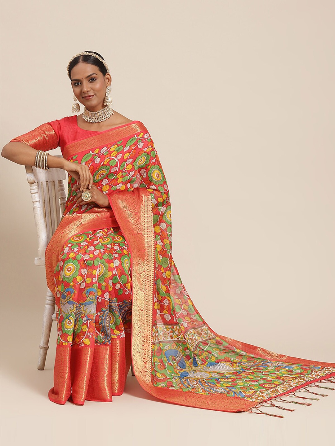 

ODETTE Red & Green Kalamkari Zari Banarasi Saree