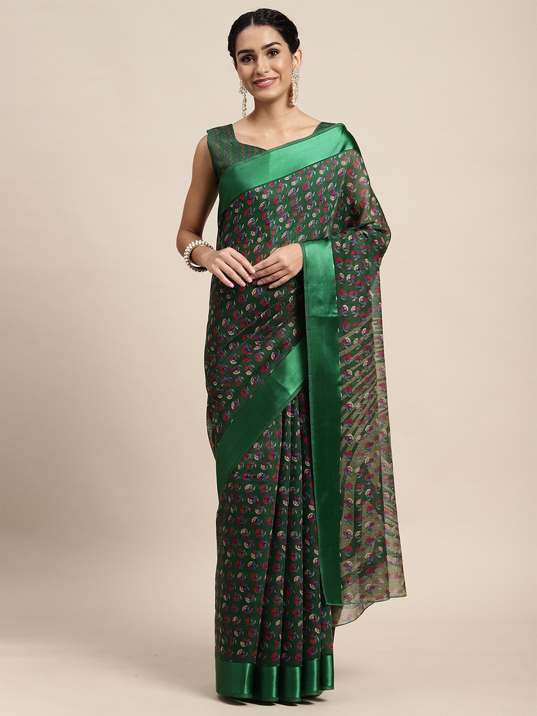 

ODETTE Green & Red Floral Silk Cotton Saree
