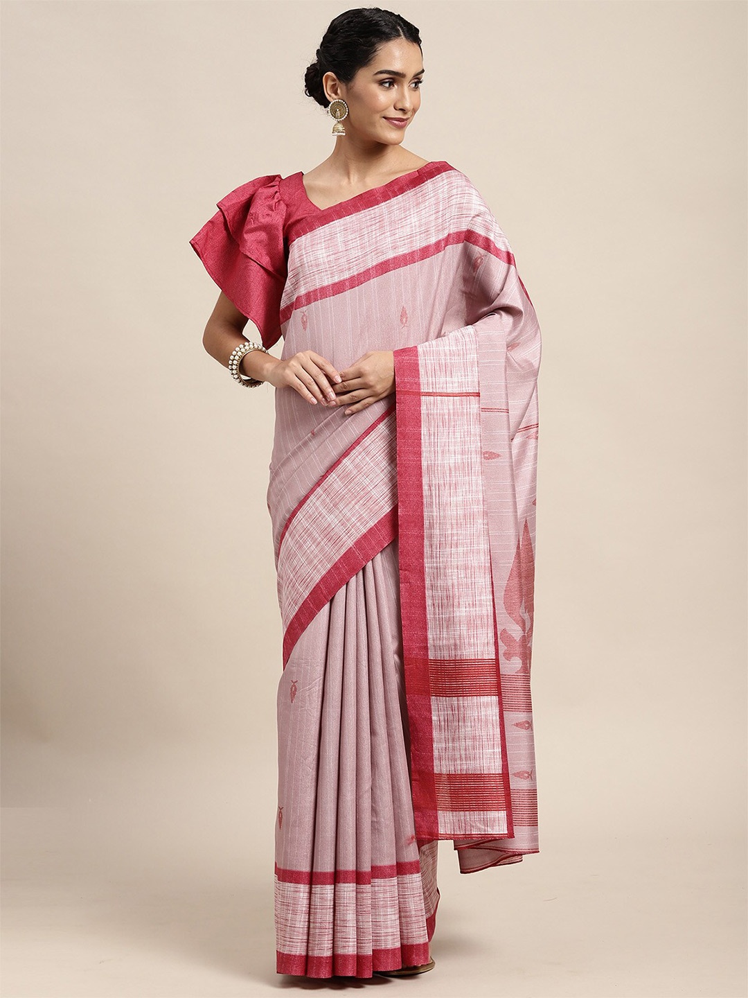 

ODETTE Pink And White Floral Printed Bhagalpuri Saree