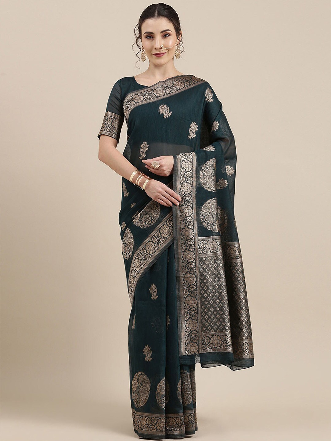 

ODETTE Teal Grean And Silver Toned Woven Design Zari Banarasi Saree