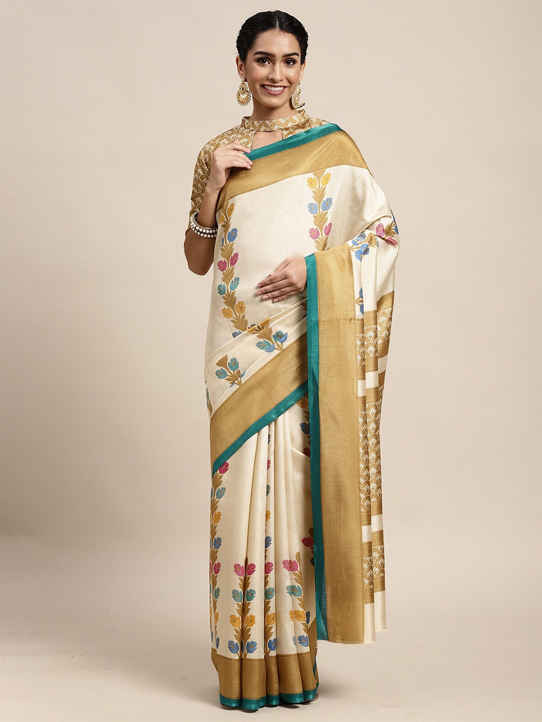 

ODETTE Beige And Gold Toned Floral Print Zari Border Saree