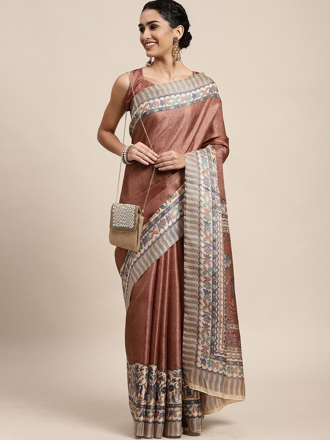 

ODETTE Brown & Blue Printed Saree