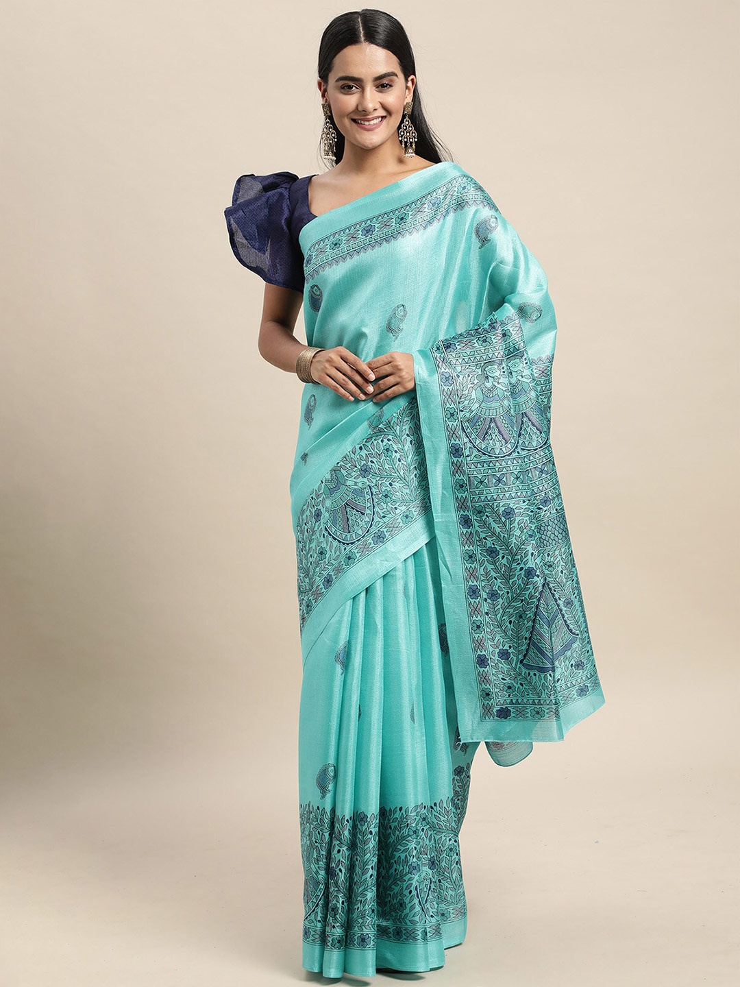 

ODETTE Sea Green & Blue Ethnic Motifs Saree