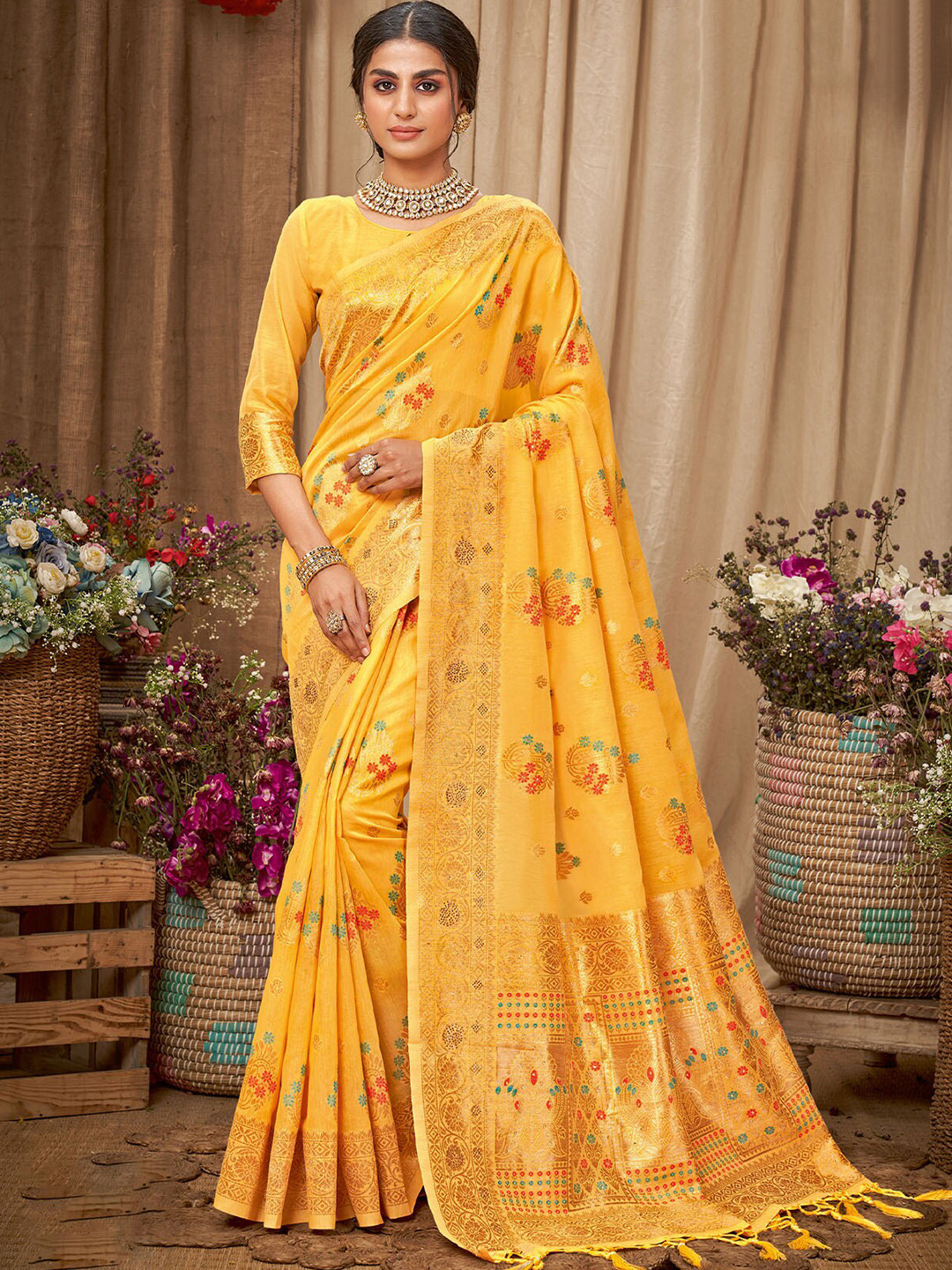 

ODETTE Yellow & Red Floral Zari Saree