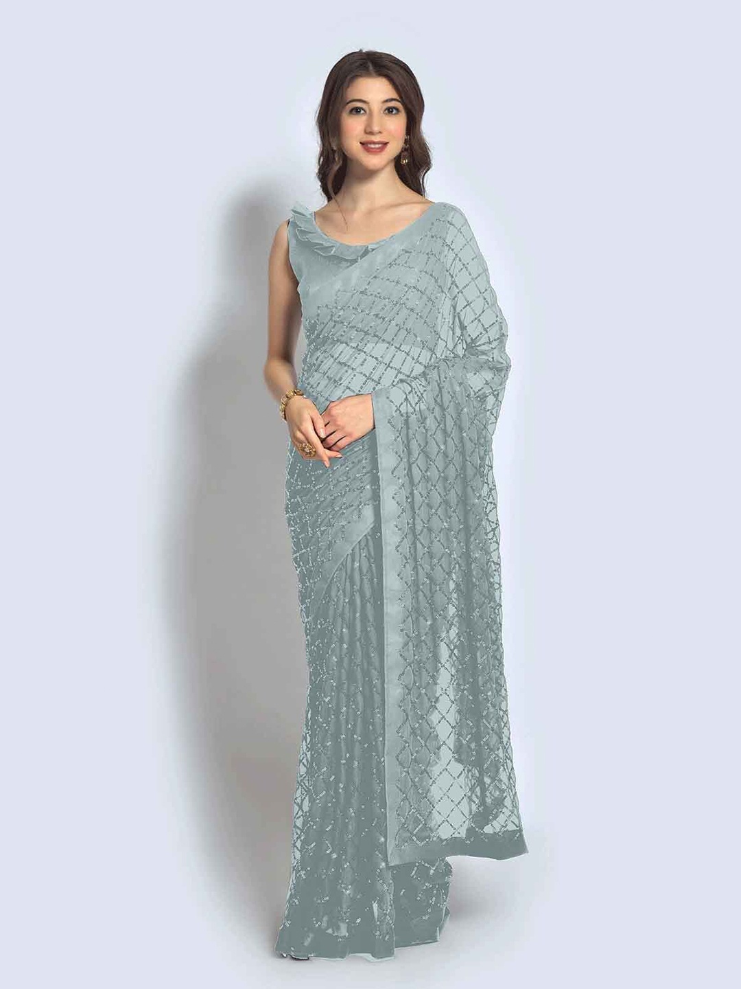 

ODETTE Grey Embellished Sequinned Saree