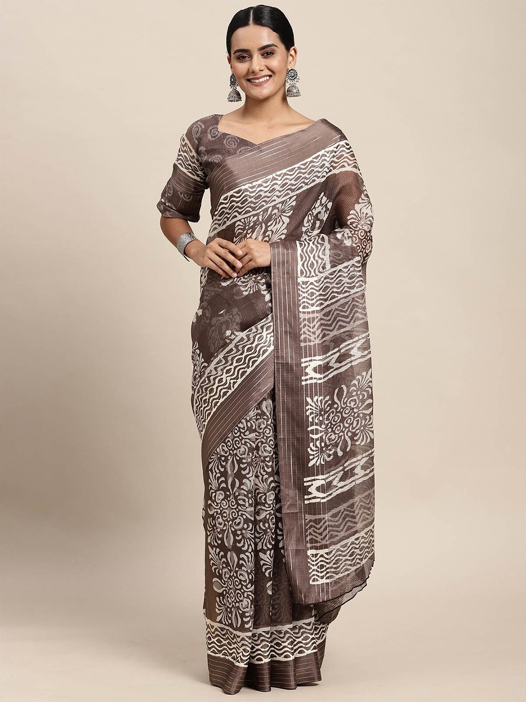 

ODETTE Charcoal & Grey Floral Brasso Saree