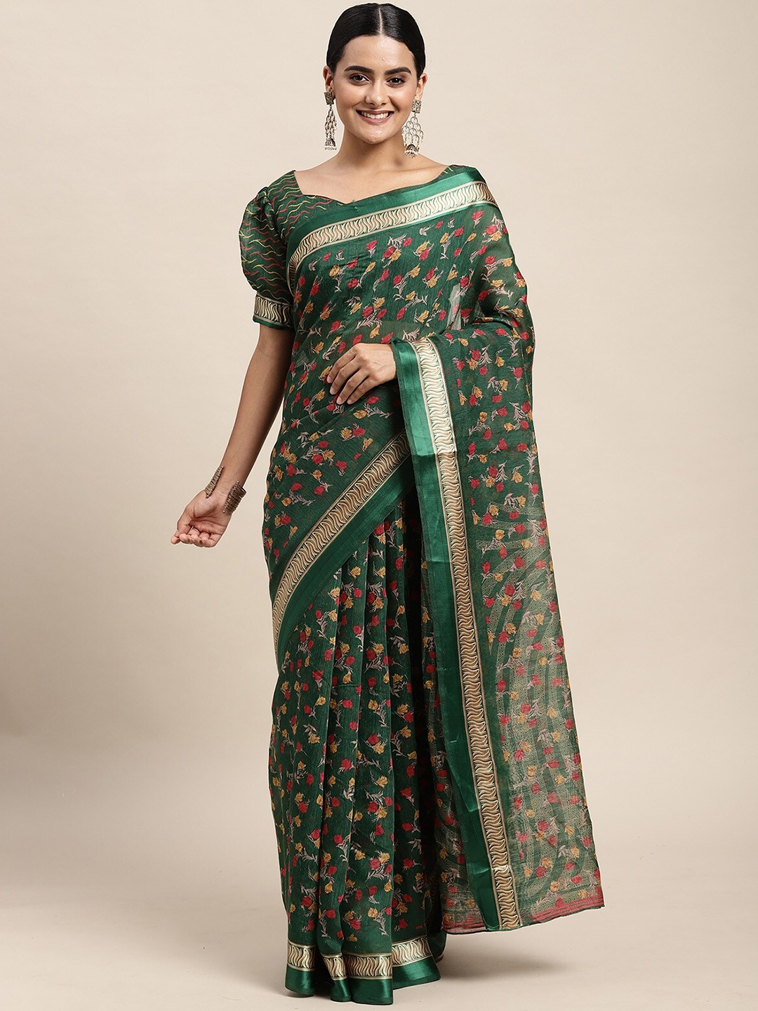 

ODETTE Green & Red Floral Silk Cotton Saree