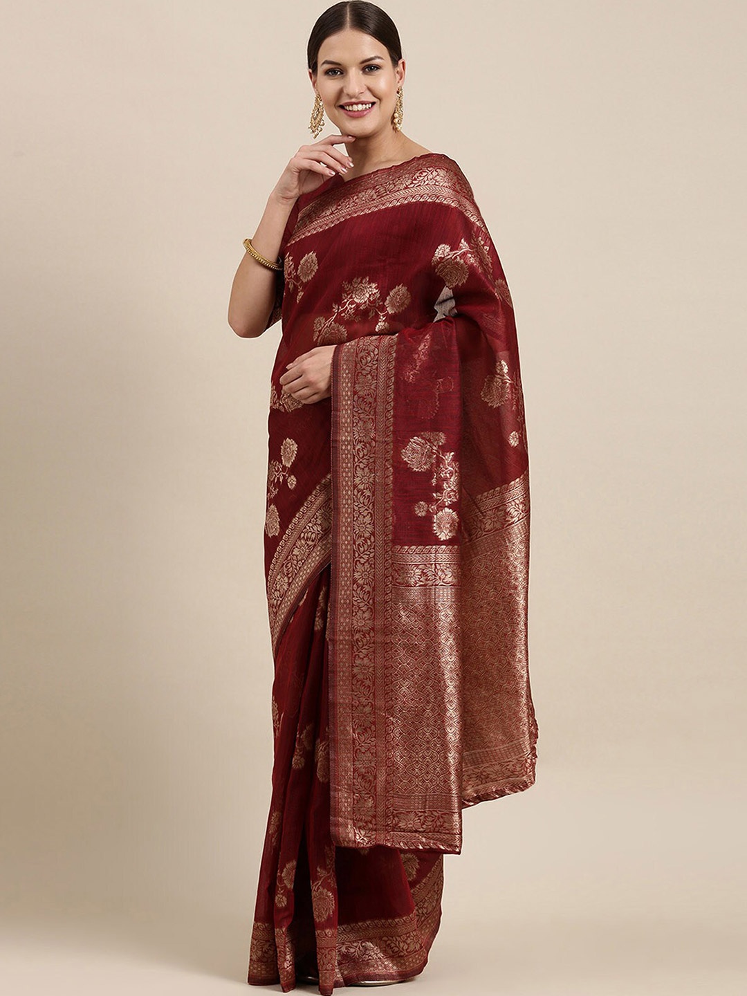 

ODETTE Maroon & Gold-Toned Woven Design Linen Blend Saree