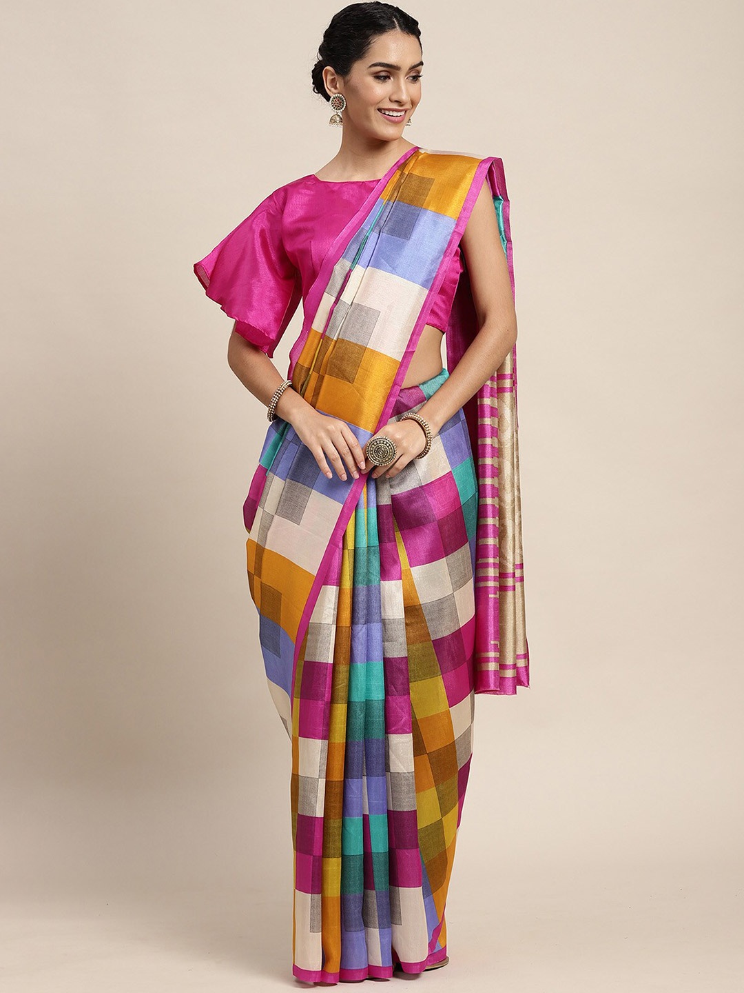 

ODETTE Pink & Blue Checked Silk Blend Saree