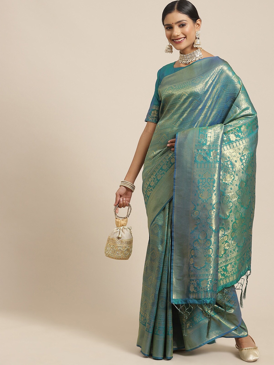 

ODETTE Teal Green & Gold-Toned Woven Design Silk Blend Kanjeevaram Saree