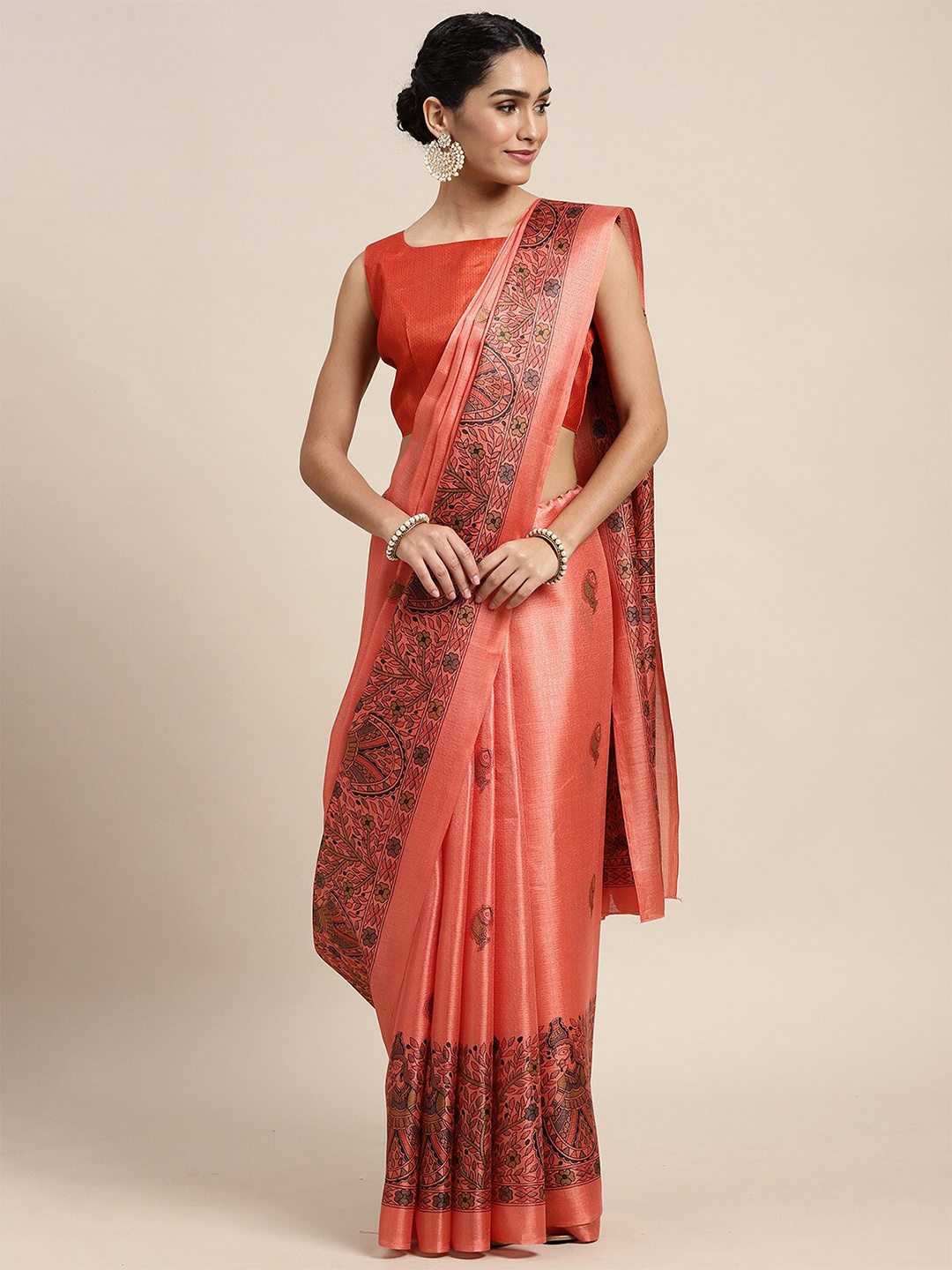 

ODETTE Peach-Coloured & Blue Ethnic Motifs Silk Blend Saree