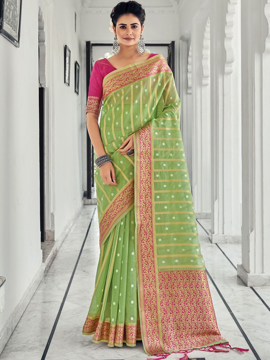 

ODETTE Green & Red Ethnic Motifs Zari Organza Saree