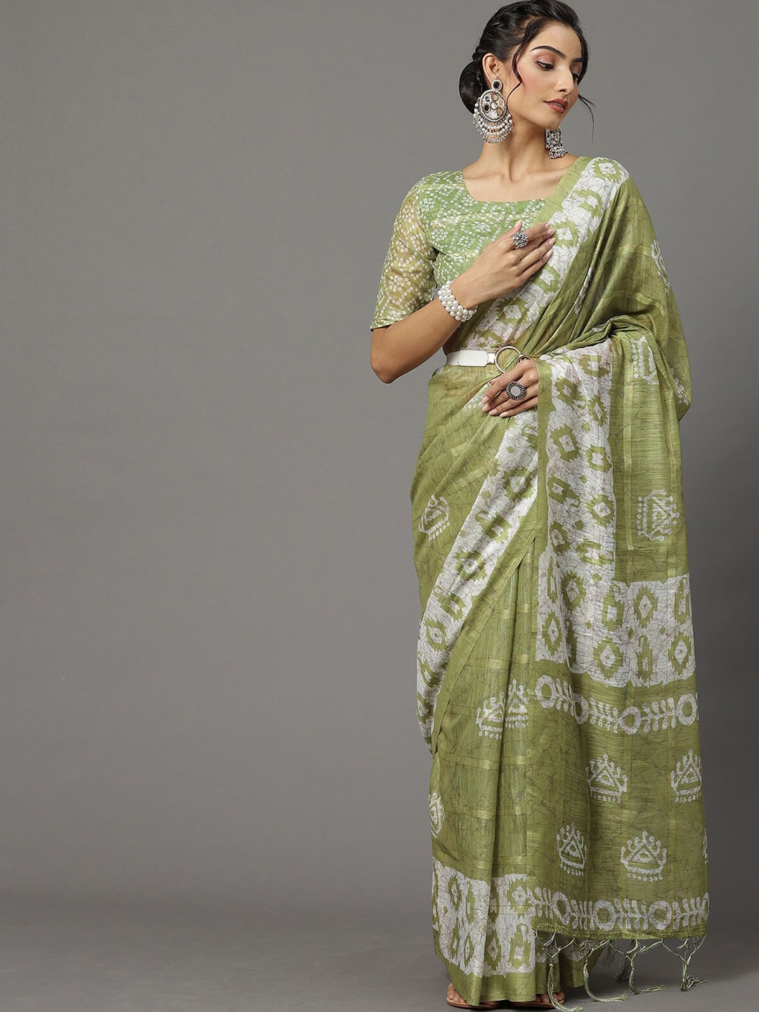 

ODETTE Olive Green & White Batik Silk Blend Block Print Saree