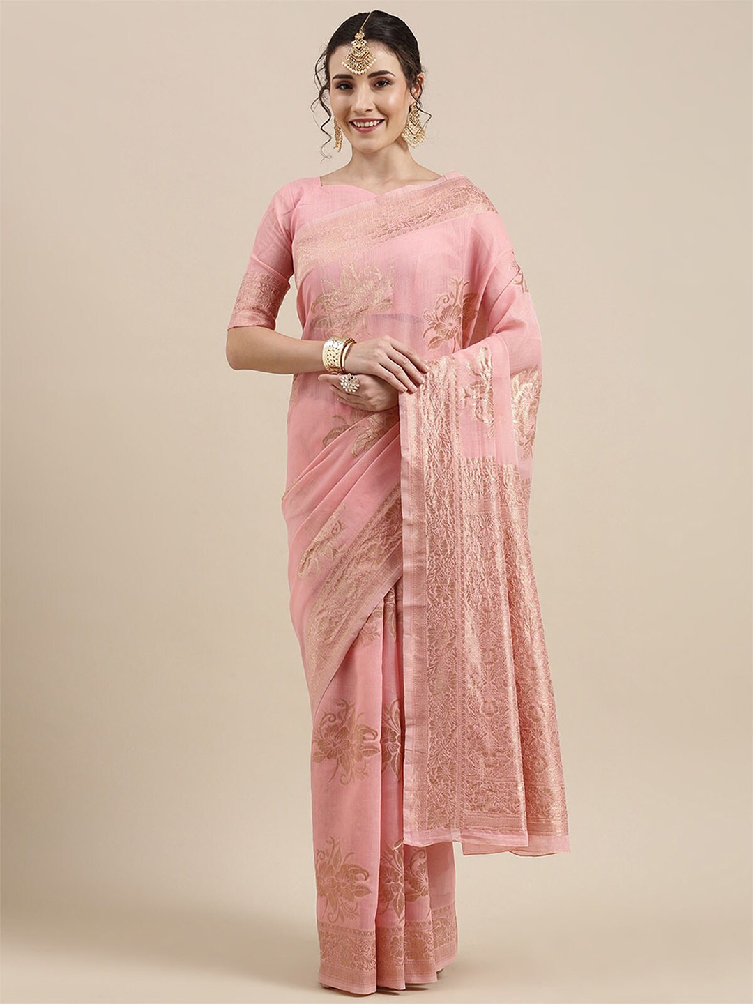 

ODETTE Pink & Gold-Toned Floral Zari Linen Blend Banarasi Saree